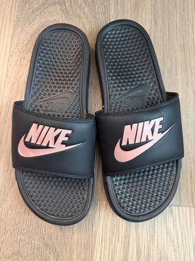 Nike Black Slides with Rose Gold Logo Accent